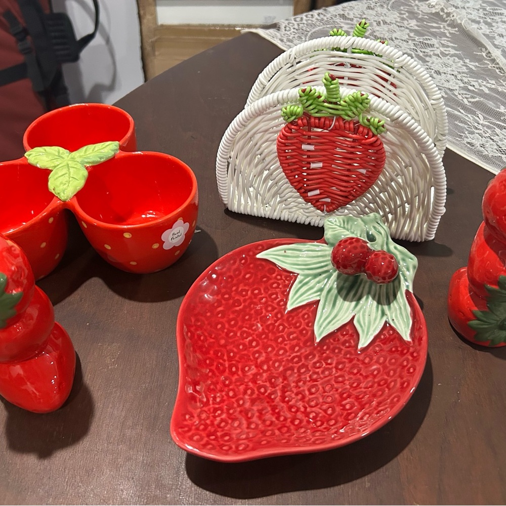 Strawberry Themed Ceramic dish , 3 dip cup, candlesticks and napkin holder